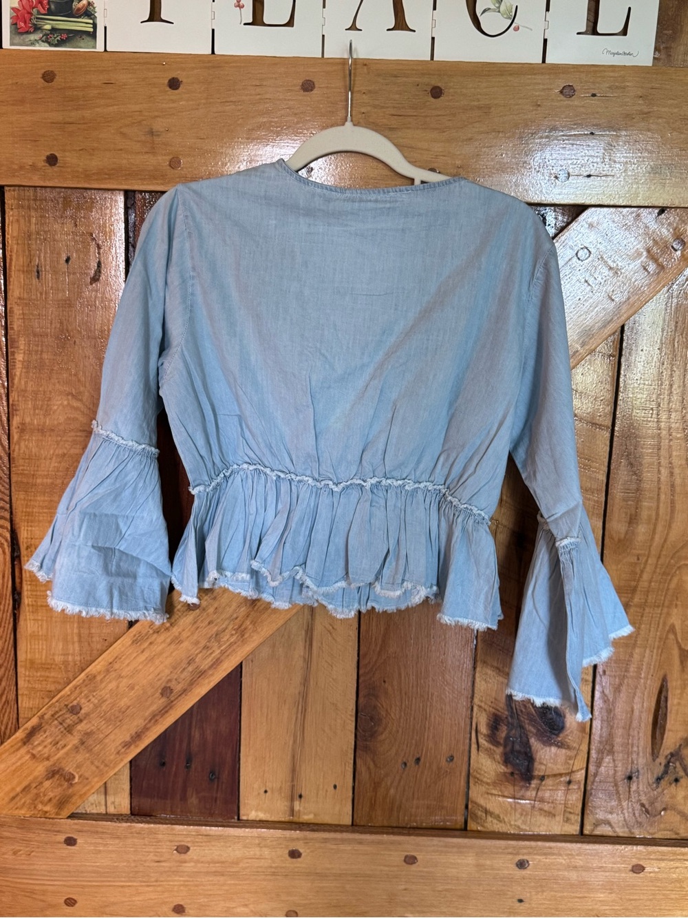 POL NWOT Light Blue Embroidered Peasant Top with Tassels - Size M - Picture 3 of 4